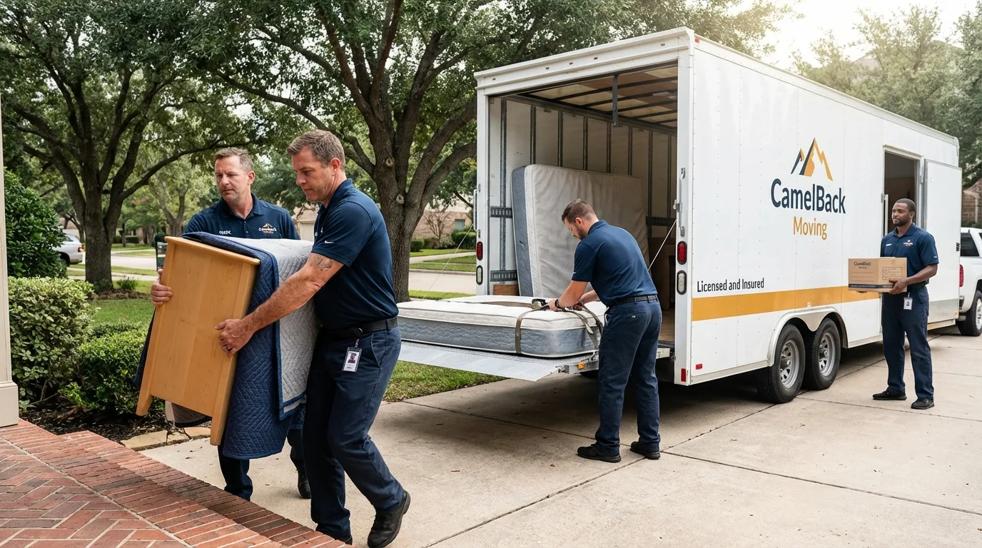 Crew loading residential truck for cross-state move from Winslow, AZ