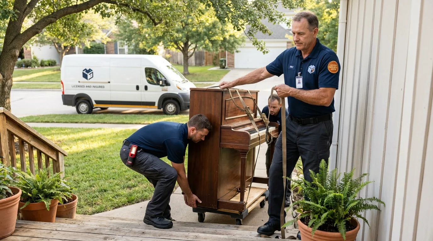 Licensed piano movers securing grand piano in Winslow, AZ