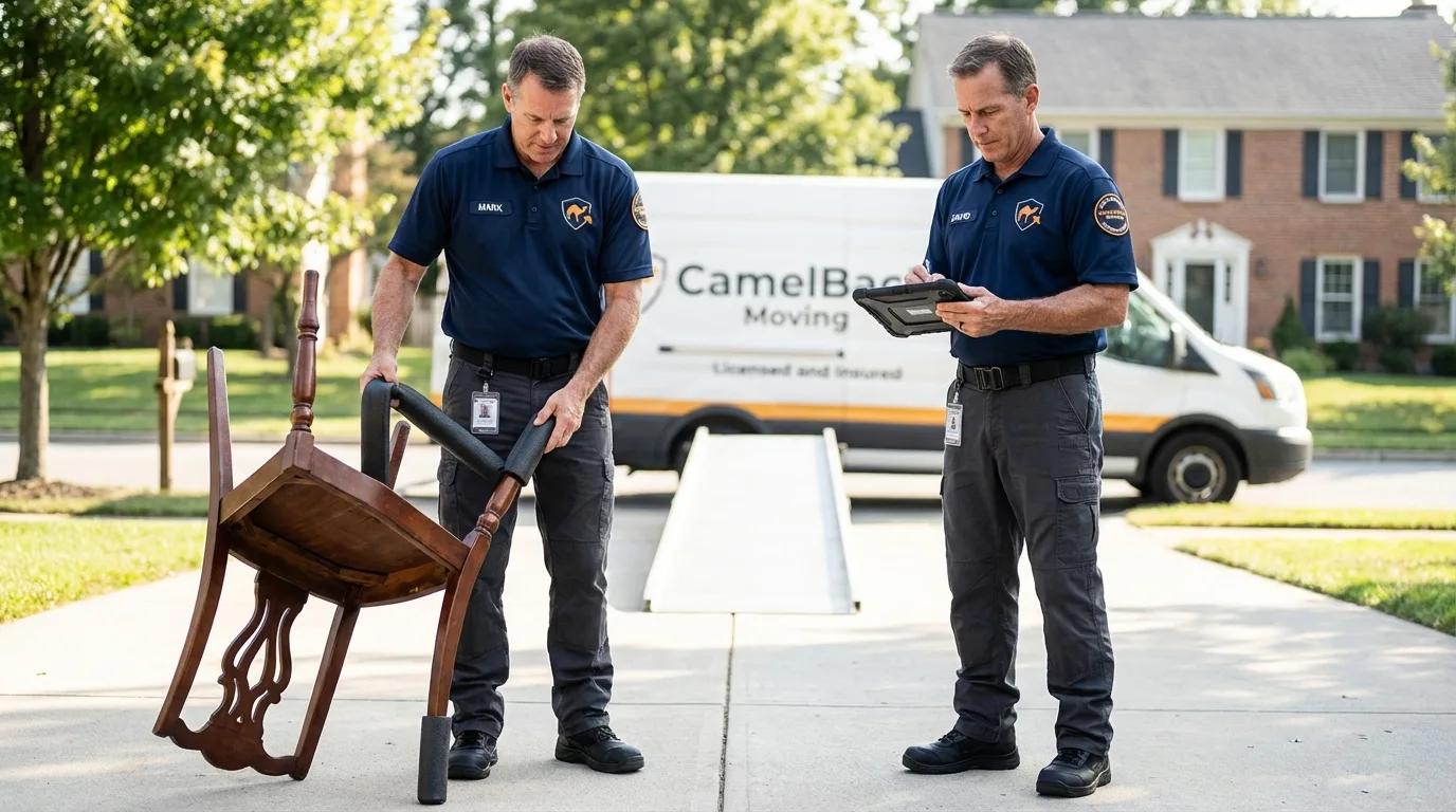 Movers inspecting furniture for damage prevention before loading in Winslow, AZ