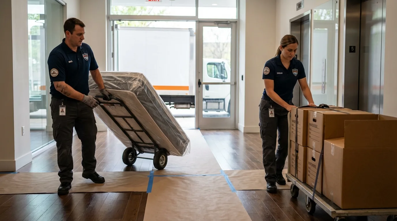 Professional apartment movers loading elevator in Winslow, AZ