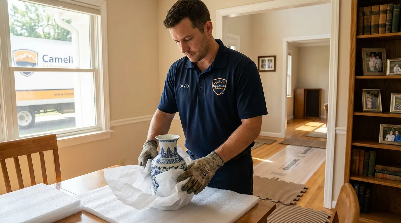 Professional crew carefully wrapping antique vase for senior downsizing move in Winslow, AZ